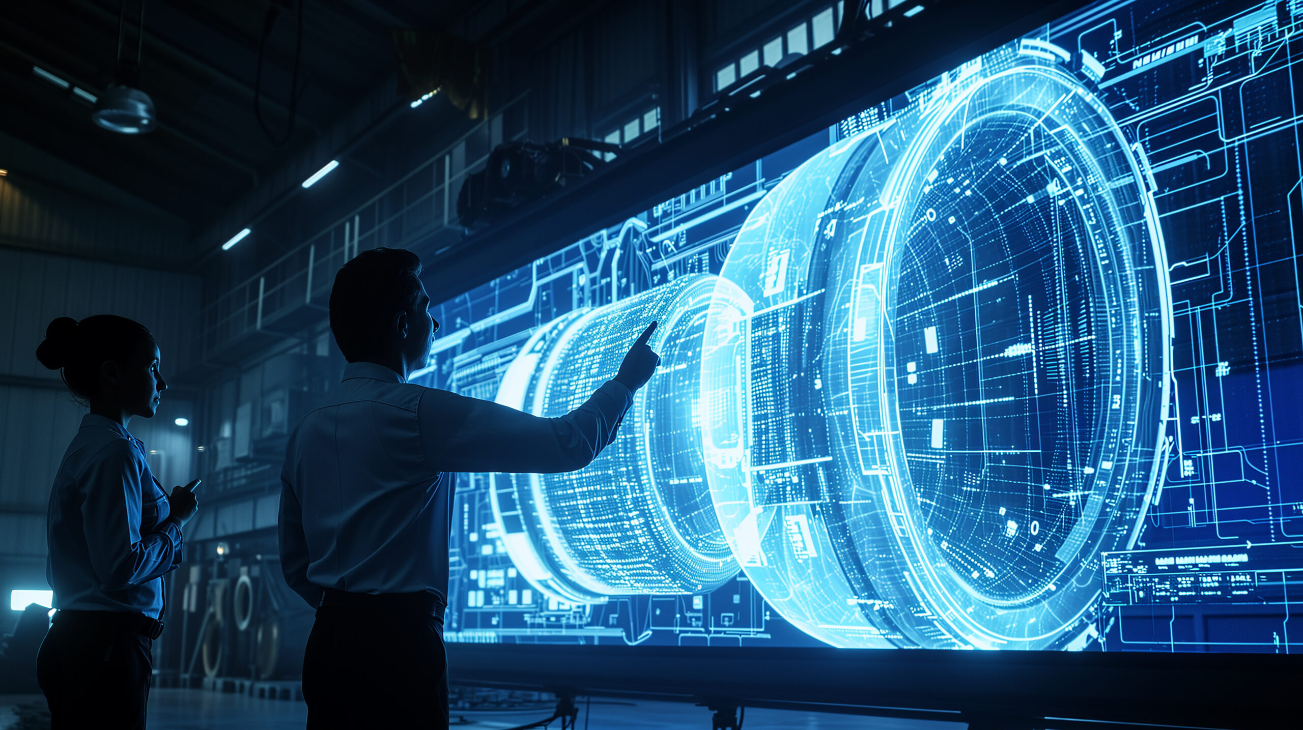 At the spacecraft factory engineers analyze digital projection of satellite's blueprint